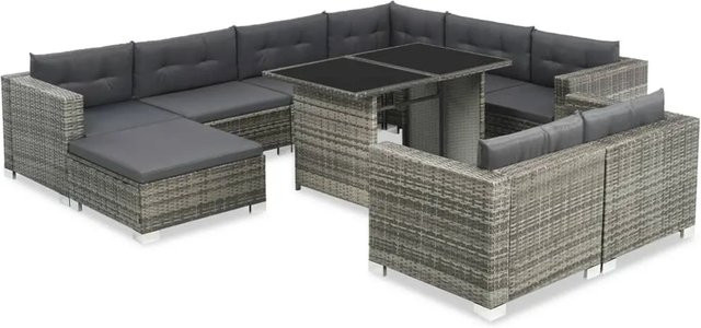 vidaXL 10-tlg Garten-Lounge-Set Modell 5 aus Poly Rattan mit Auflagen in Grau und Stahlrahmen - Bild 1