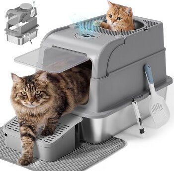 Feandrea Katzenklo aus Edelstahl mit 2 Eingängen, geschlossene Katzentoilette, Dunkelgrau, B/T/H: 61 x 46 x 41 cm - Bild 1