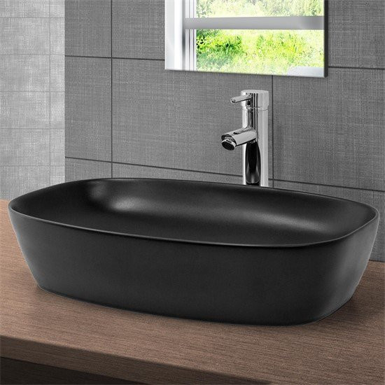 LuxeBath Waschbecken aus Keramik in Schwarz, Eckig, ohne Überlauf, Aufsatzwaschbecken, B/T/H: 60,5 x 38,5 x 14 cm - Bild 1