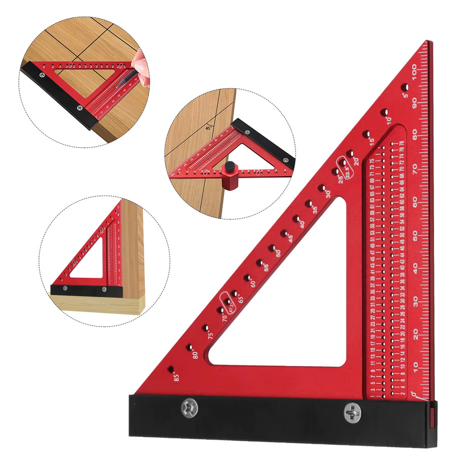 GDART Dreiecklineal aus Aluminiumlegierung für Holzbearbeitung und Zimmerei in Rot mit Lochpositionierung und Messfunktion - Bild 2