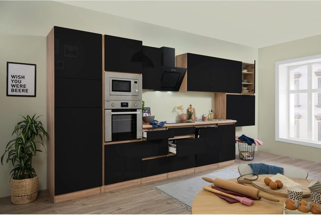 Respekta Premium Küchenzeile Schwarz Hochglanz Eiche Sonoma B/H/T: 445 x 220,5 x 60 cm - Bild 1