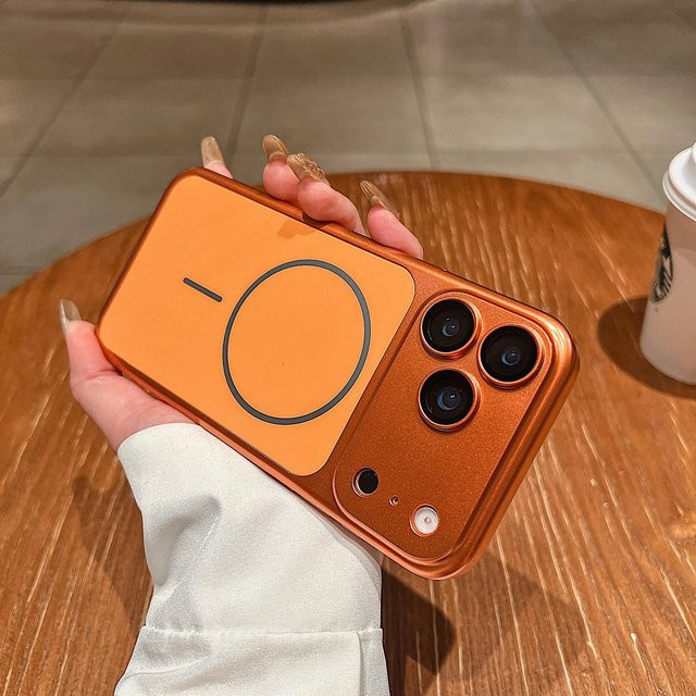 Matt galvanisierte Anti-Drop Schutzhülle für Apple iPhone 12 mit großem Fenster Design in Silber und Orange - Bild 1