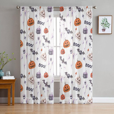 Super Six Halloween Voile-Fenstervorhänge mit Kürbis, Geist und Fledermaus in Weiß, B: 135 cm, H: 114 cm