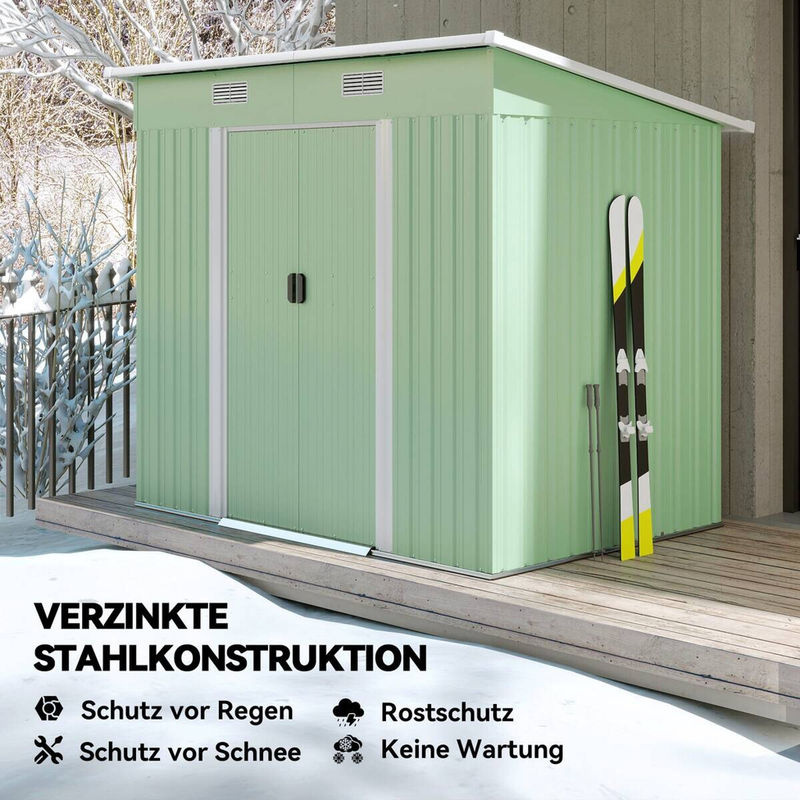 Outsunny Gerätehaus aus verzinktem Stahl in Grün mit Pultdach, Fenster, Schiebetüren und Fundament-Kit, B/T/H: 207 x 130 x 182 cm - Bild 3