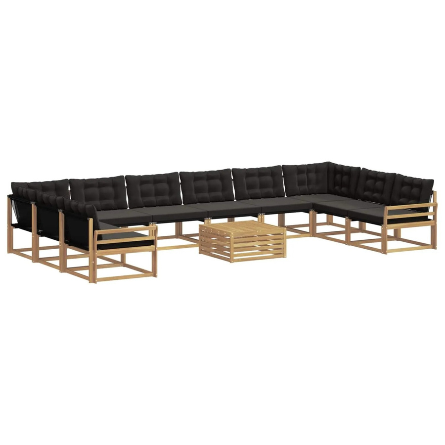 vidaXL Outdoor-Sofagarnitur in U-Form aus Akazienholz und Textilene, 11-teiliges Set mit Kissen in Weiß-Schwarz - Bild 2