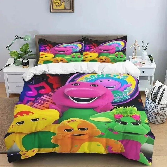 Barney Friends Bettwäsche-Set mit Dinosaurier-Muster, bestehend aus einem Bettbezug und zwei Kissenbezügen, bunt, B/H: 140 x 200 cm - Bild 1