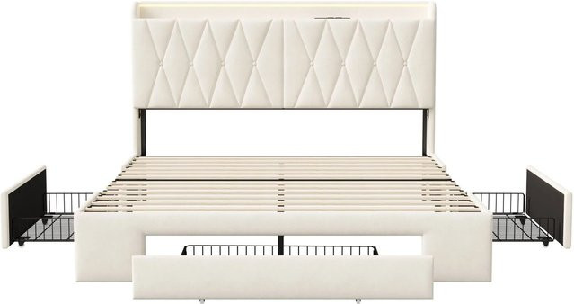 PXloue Polsterbett aus Samt mit 4 Schubladen, LED und USB-Ladestation, Farbe: Beige, B/T/H: 140 x 200 x 145 cm - Bild 1