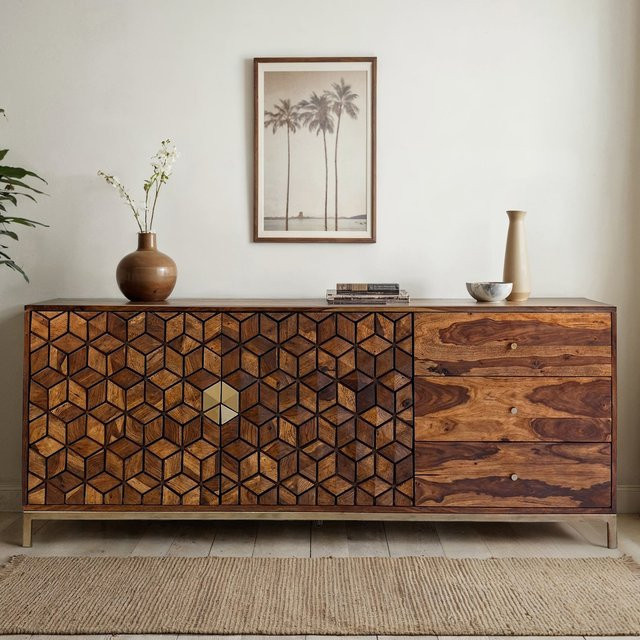Sideboard FineBuy Anrichte aus Sheesham Massivholz in Braun mit Gold-Details und modernem 3D-Muster, Breite: 180 cm - Bild 1