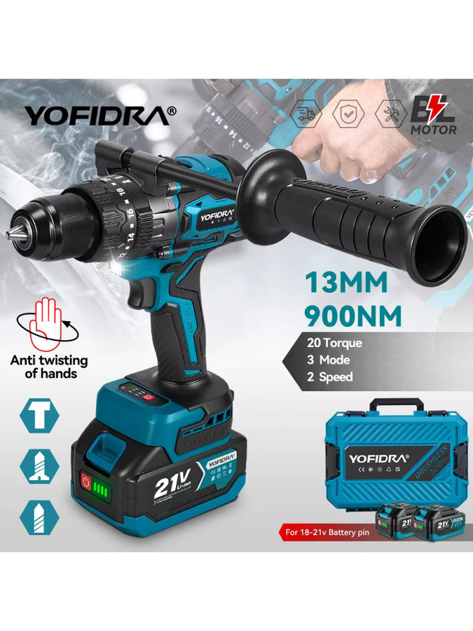 YOFIDRA Bürstenlose elektrische Schlagbohrmaschine und Akkuschrauber in Blau, kompatibel mit Makita 18V LXT Akkus, 900N.M Drehmoment, 3200 RPM, 13mm Bohrfutter - Bild 6