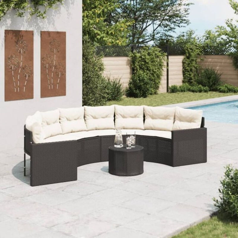 Vidaxl Gartensofa mit Tisch und Kissen in Halbrund Form aus schwarzem Polyrattan - Bild 1