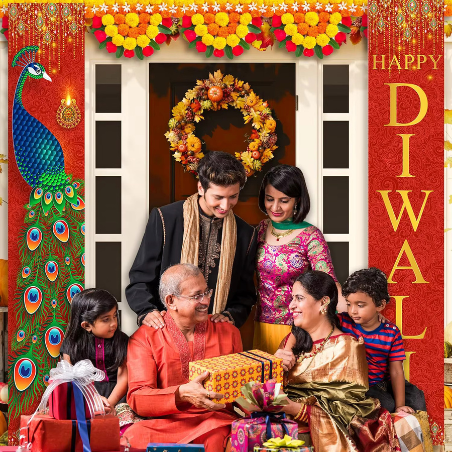 VIKAMA Diwali Türvorhang mit Pfauen-Motiv, bunter Hängehintergrund für Party und Veranda, B/H: 30 x 180 cm - Bild 5