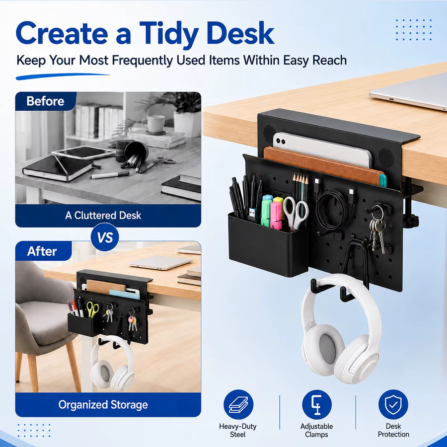 Metall-Pegboard-Organizer für den Schreibtisch in Schwarz mit Kopfhörerhalter und Kabelmanagement zur Aufbewahrung von Bürobedarf, Laptop, Tablet und Telefon - Bild 2