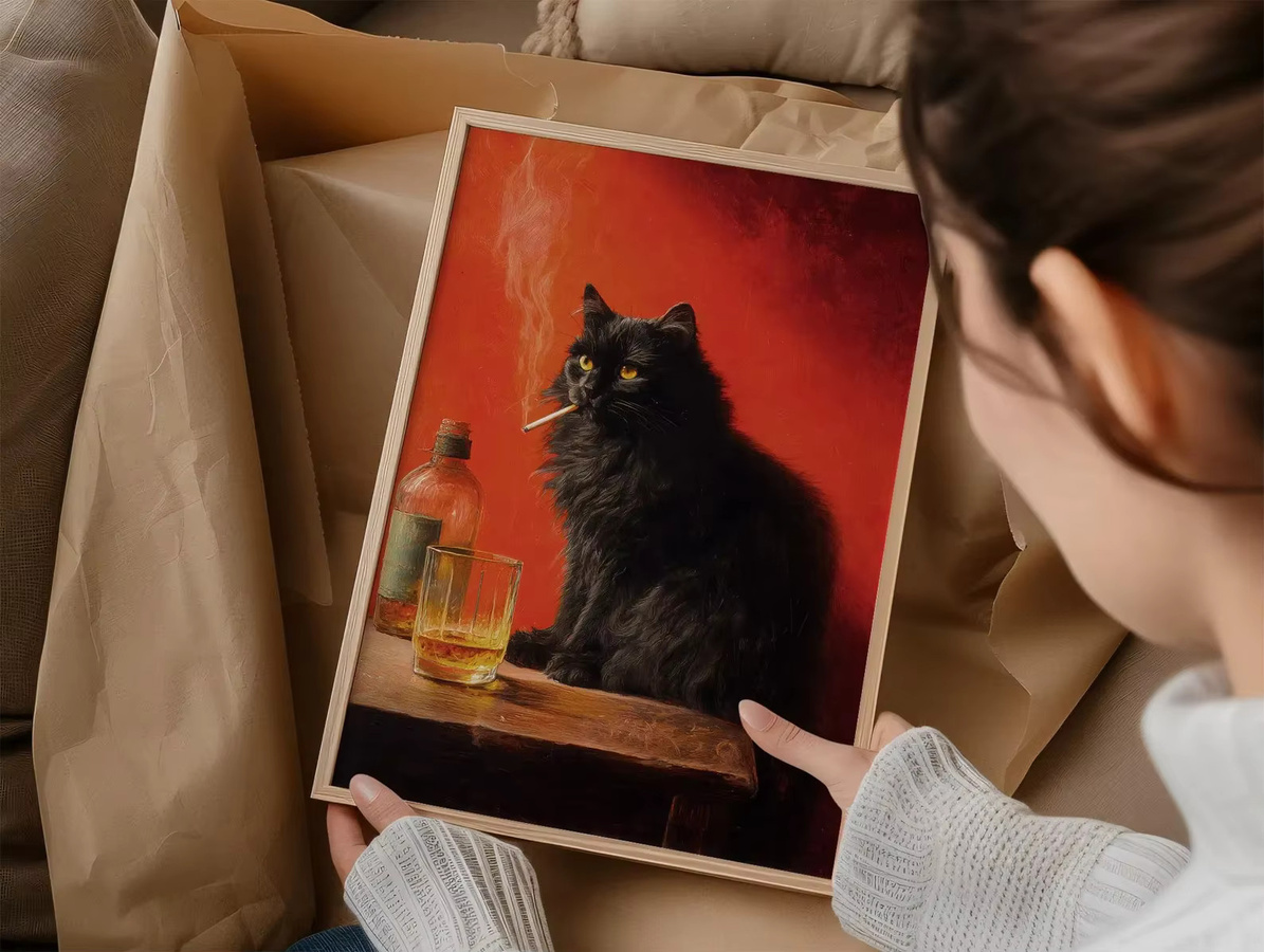 Vintage Poster mit schwarzer Katze im Portrait-Stil von SHENCHEN als skurrile Wandkunst für deine Küche oder Bar - Bild 5