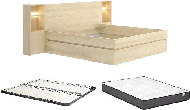 Vente-unique Bettrahmen Laronia Modern in Natur und Beige mit Schubladen, USB-Ladeport und Nachttischablage, B/T/H: 160 x 200 x 104,1 cm - Bild 1