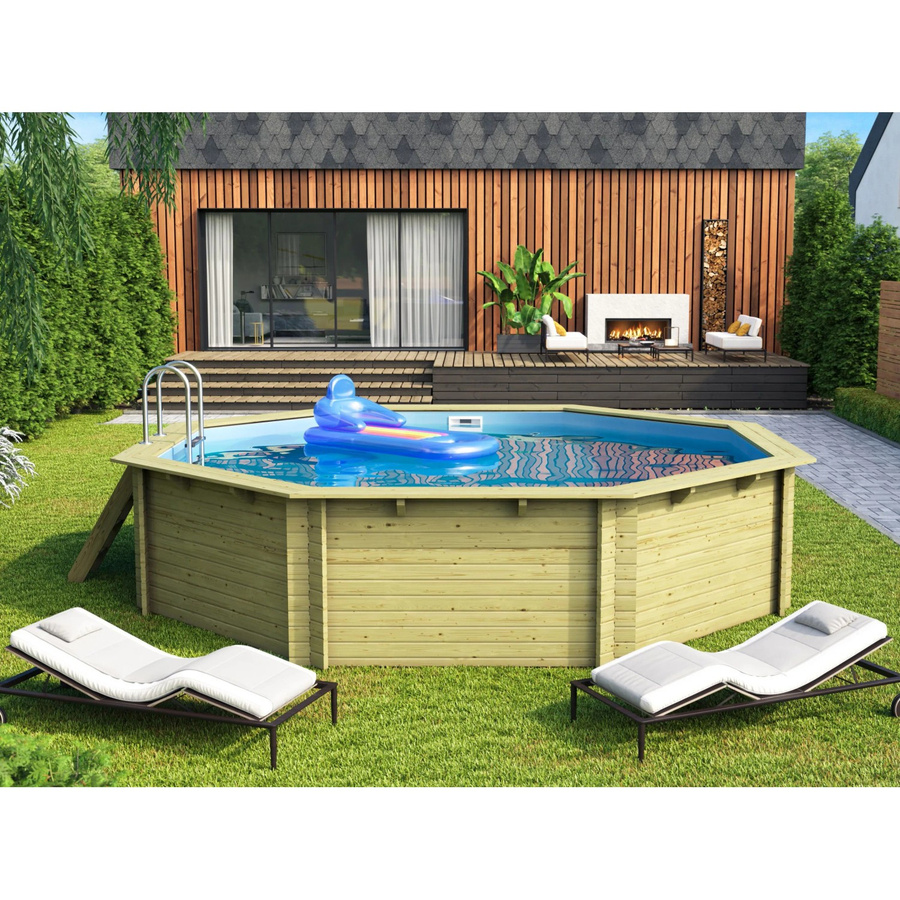 Karibu Achteck Aufstellpool Set in Blau inklusive Filteranlage, Skimmer, Poolfolie, Schutzvlies und Einhängeleiter - Bild 2