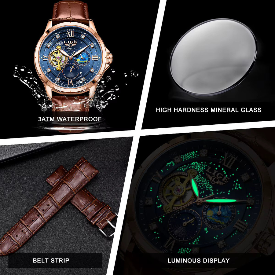 LIGE Herrenuhr, Automatik, Analoguhr, Blau, Roségold, Leder, Zirkonia - Bild 6