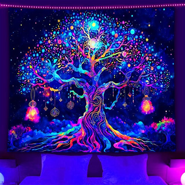 VIKAMA Wandteppich Baum des Lebens im Boho-Stil mit Sternenhimmel und floralem Muster, Multicolour, B/H: 60 x 40 cm - Bild 1