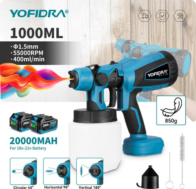 YOFIDRA Kabellose elektrische Spritzpistole mit 55.000 U/min, Airbrush-Werkzeug für Makita 18 V Akku-Pin, 1000 ml - Bild 1