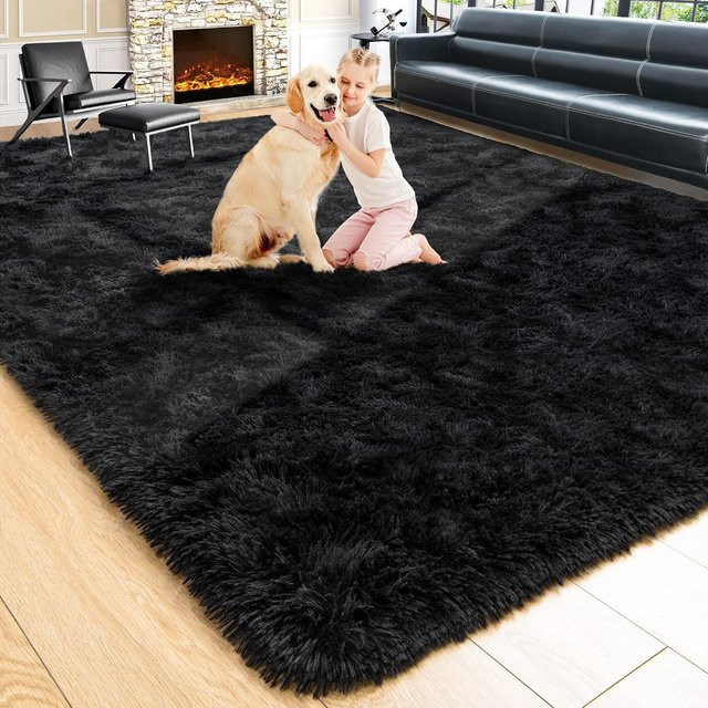 VIKAMA Moderner zotteliger Teppich aus Kunstfell in Blau, weich und flauschig für Wohnzimmer, Schlafzimmer oder als Baby-Krabbelmatte - Bild 1