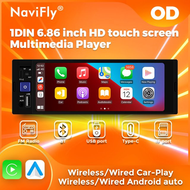 Navifly 1 DIN MP5 Autoradio mit 6.86 Zoll Display, kabelloses CarPlay und Android Auto, Bluetooth und FM, Schwarz - Bild 1