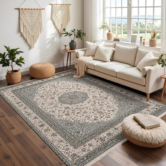 RAKKS Retro-Samt-Teppich mit orientalischem Design, rutschfester Teppich für Wohnzimmer, Schlafzimmer, Küche und Flur - Bild 1