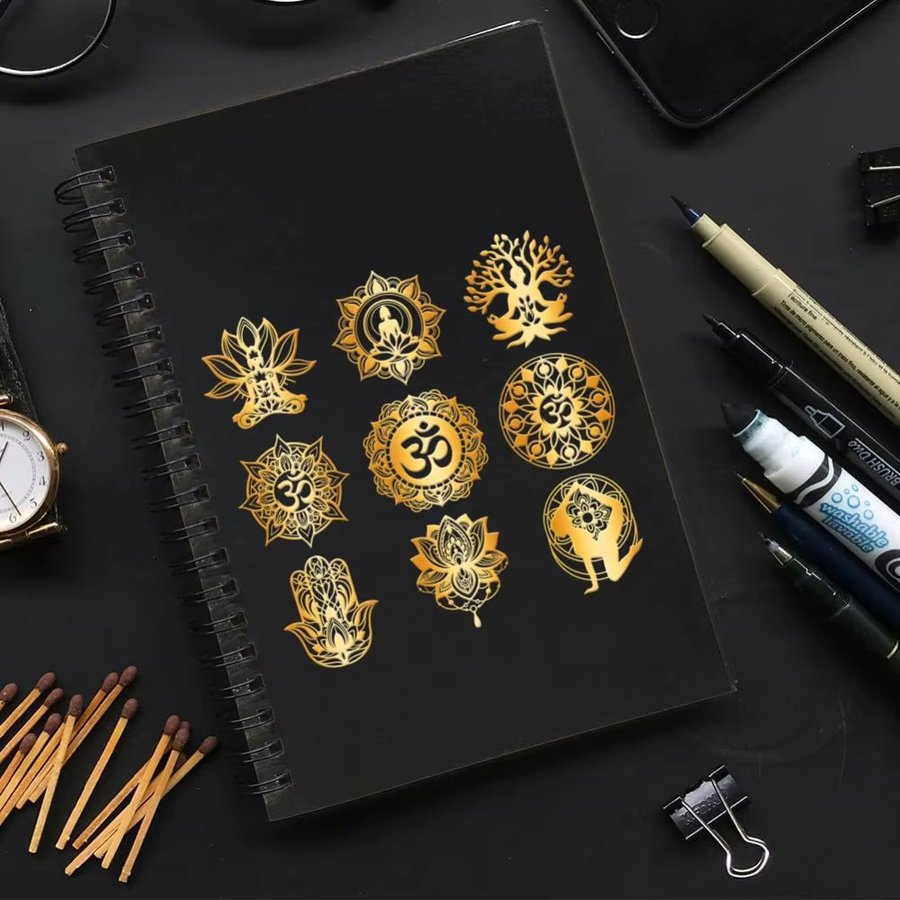 9 Stück Lotus selbstklebende Metall Aufkleber in Gold mit Om und Heiliger Geometrie, wasserdichte Mandala Aufkleber für Sammelalben, Durchmesser: 4 cm - Bild 5