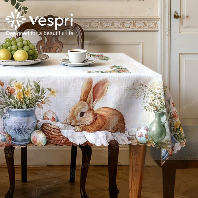 Vespri Oster-Tischdecke in Weiß-Beige mit Hasen-, Blumen- und Eiermuster im Country-House-Stil für deine Ostern-Party - Bild 1