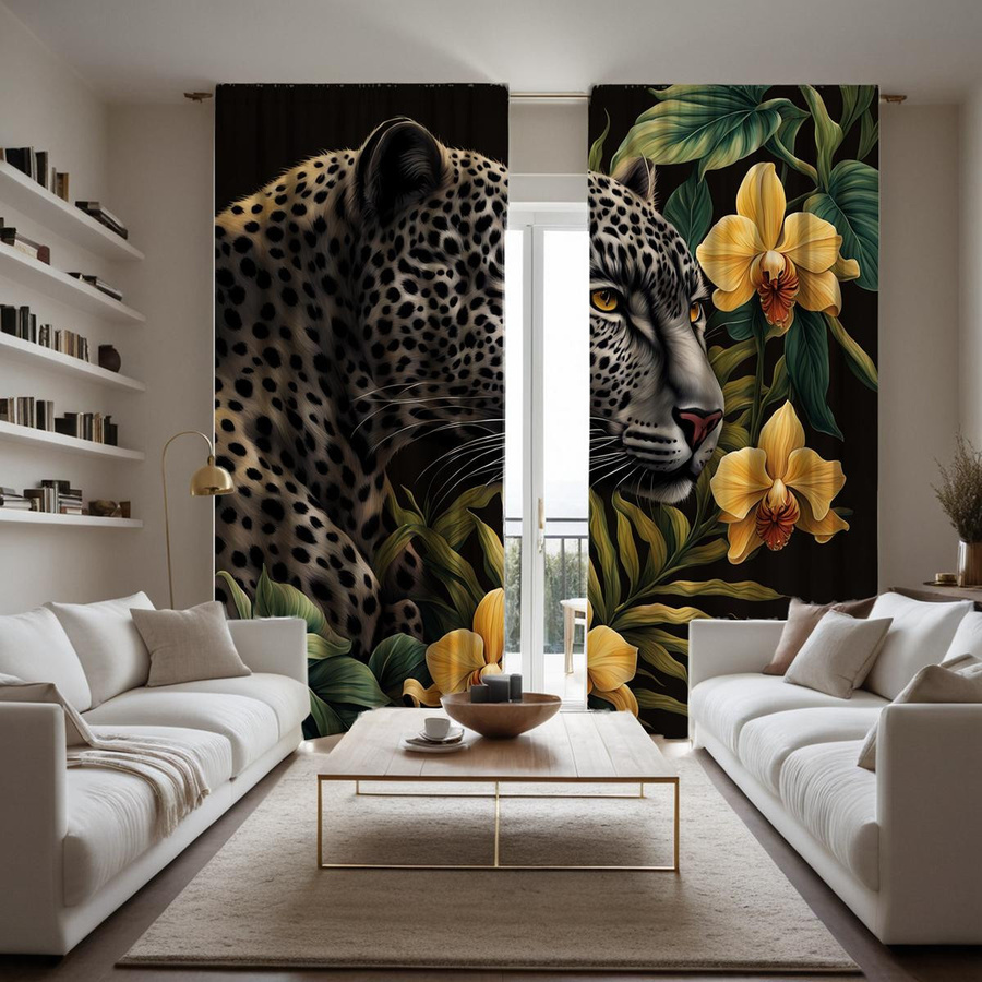 2er-Set Verdunkelungsvorhänge mit Wilden Leoparden-Print in Schwarz und Multicolour für Wohnzimmer und Schlafzimmer, Breite: 132 cm, Höhe: 160 cm - Bild 3