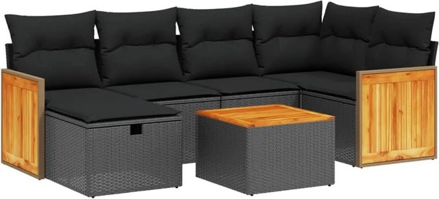 vidaXL 7-tlg Garten-Sofagarnitur aus Poly-Rattan und Akazienholz in Schwarz mit Kissen Modell 187 - Bild 1