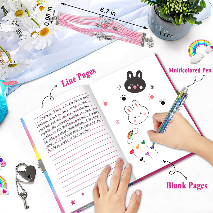 Pop Fidget Journal Set mit abschließbarem linierten Notizbuch, rosa Armband, 6 mehrfarbigen Kugelschreibern und Federmäppchen in Pink und Multicolour - Bild 2