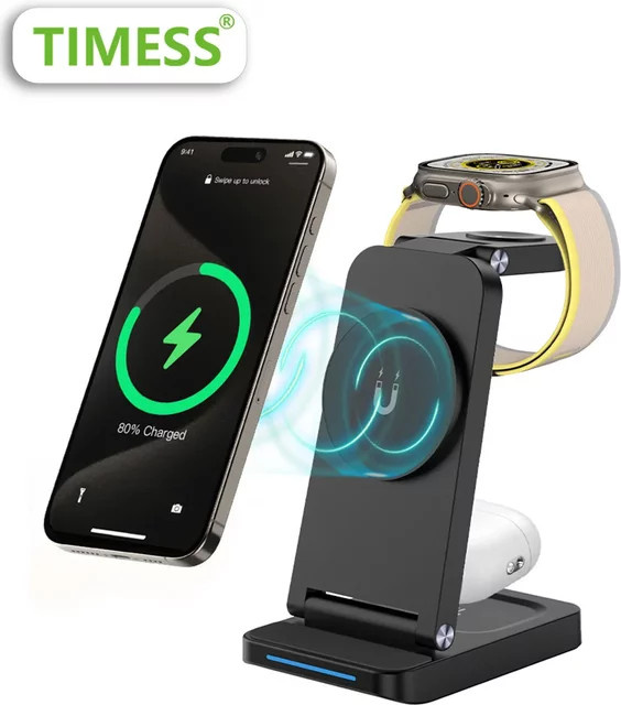 TIMESS 3-in-1 15W Kabelloses Ladegerät in Schwarz für iPhone, Apple Watch und AirPods Pro - Bild 1