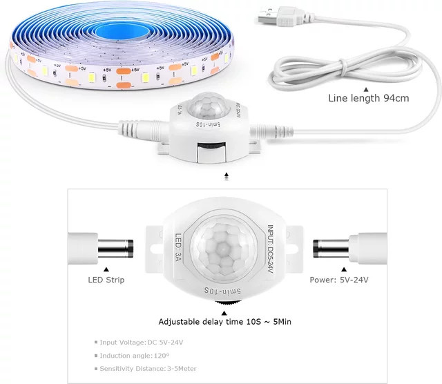 Gyarfas LED-Streifenlicht USB 5V mit PIR-Bewegungssensor und einstellbarer Verzögerungszeit, wasserdicht, ideal für Küche, Schlafzimmer und Korridor - Bild 1