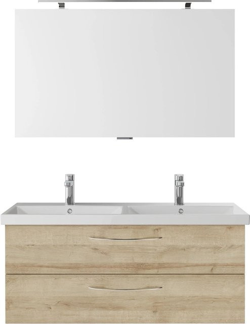 Pelipal Badmöbel-Set Serie 4035 in Eiche braun, 3-teilig bestehend aus Doppelwaschtisch, Waschtischunterschrank und Spiegelschrank mit LED-Beleuchtung und Shaver-Socket, Breite: 120 cm, Tiefe: 45 cm, Höhe: 45 cm - Bild 1