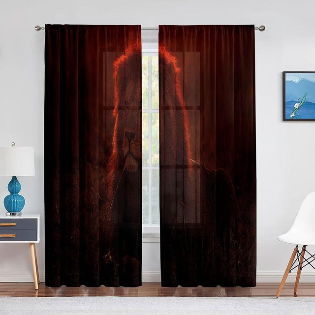 Binchi Outdoor Equipment Tüllvorhang mit Löwenpaar Landschaftsmalerei, Transparent, B/H: 100 x 250 cm - Bild 1
