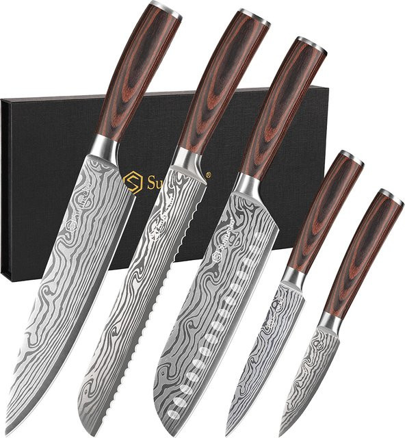 Sunnecko Kochmesser-Set aus Edelstahl mit Damastmuster für Fleisch und Gemüse - Bild 1