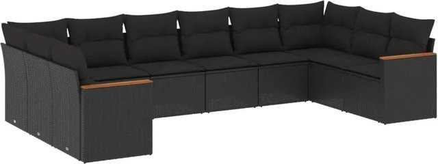 vidaXL 10-tlg. Garten-Sofagarnitur in L-Form aus Poly-Rattan und Akazienholz mit Kissen, Schwarz - Bild 1