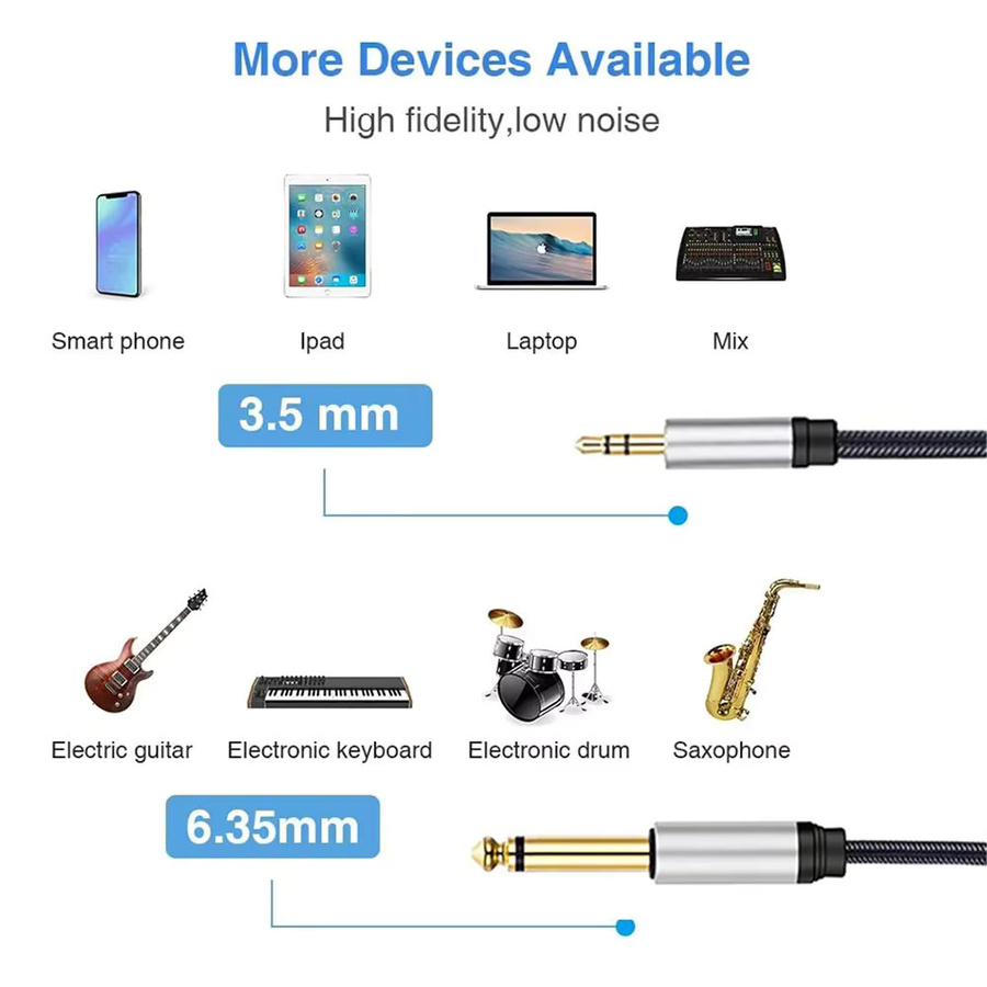 Audiokabel 3,5 mm auf 6,5 mm Stecker-zu-Stecker Kabel in Schwarz für Verstärker, Lautsprecher, Laptop und Mikrofon - Bild 3