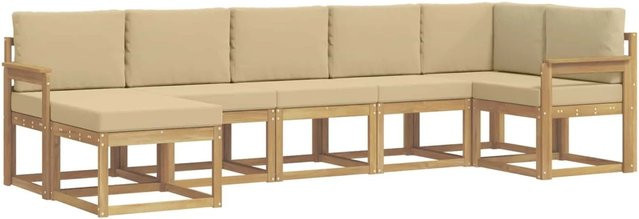 vidaXL Outdoor-Sofagarnitur aus Akazienholz in L-Form, 7-teiliges Set mit Kissen in Weiß und Beige - Bild 1
