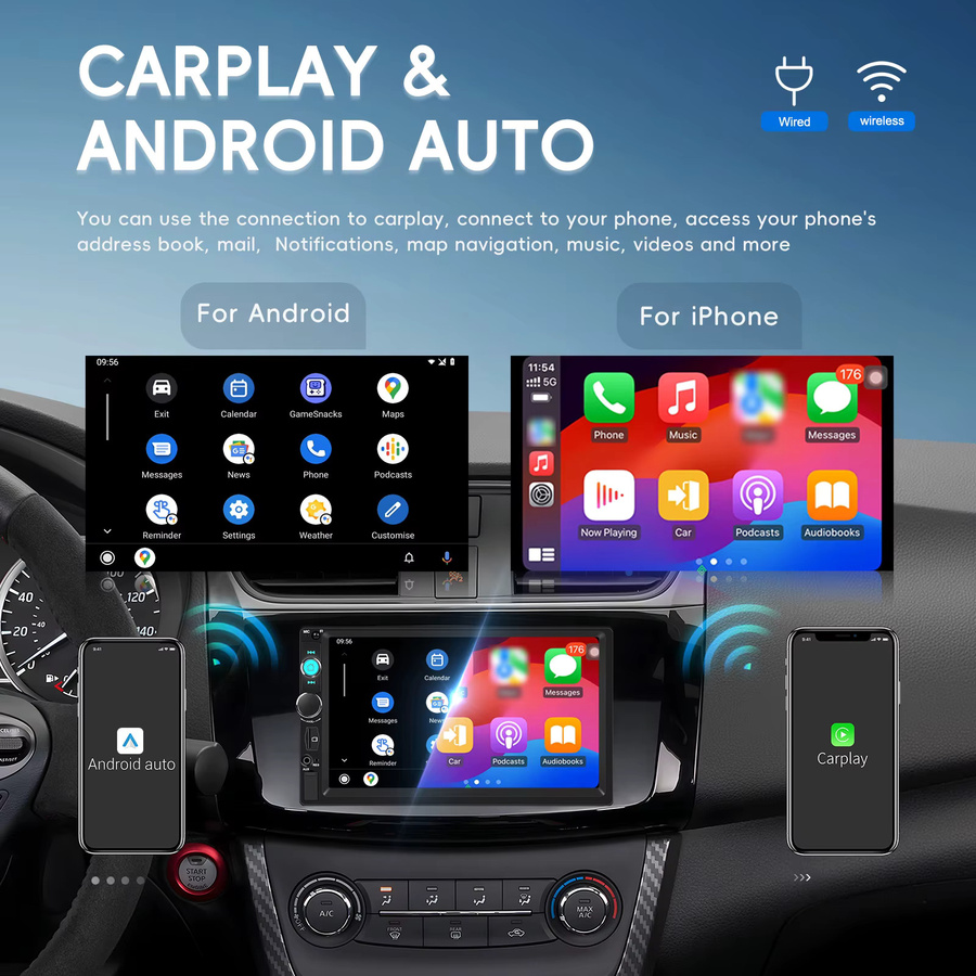 Podofo 2Din Multimedia Player mit 7 Zoll Display, Drahtloses CarPlay und Android Auto, Bluetooth, USB, FM, DAB und Mirrorlink in Schwarz - Bild 2