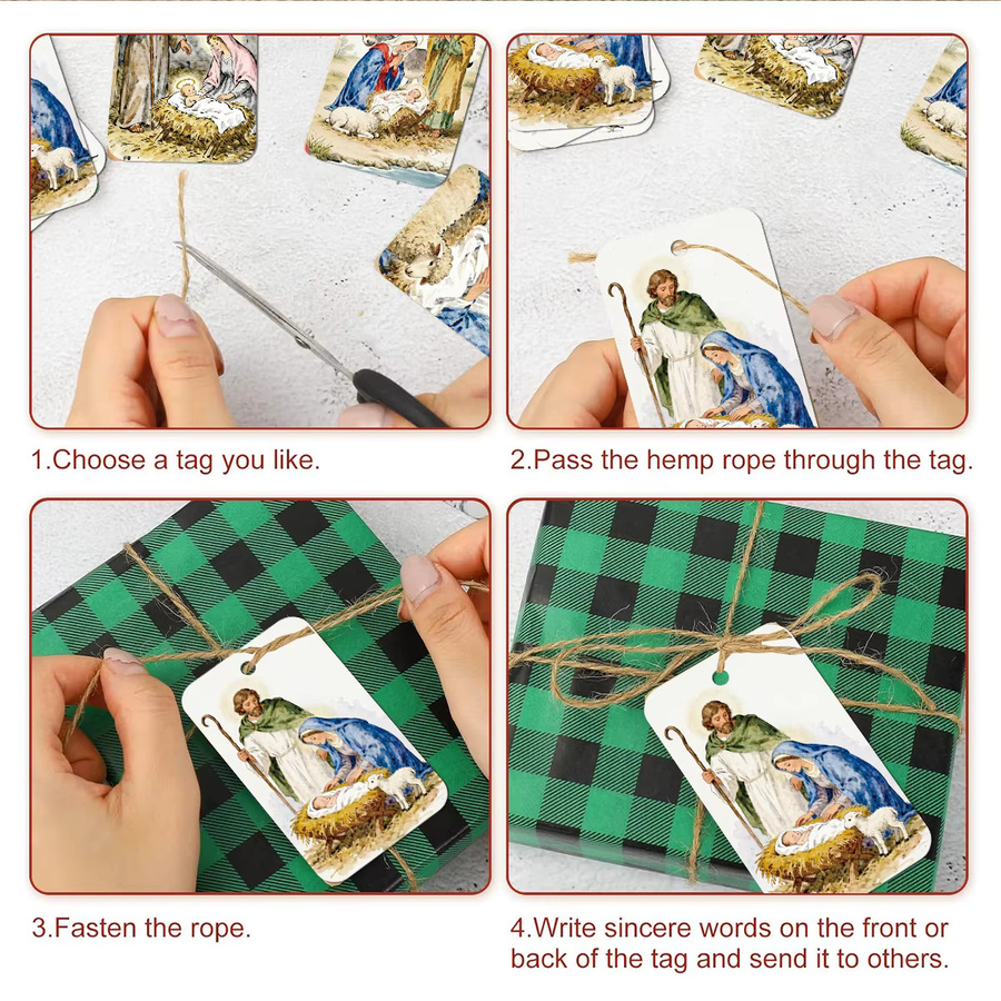 50 Stück religiöse Jesus-Krippe Hängeetiketten aus Papier in Mehrfarbig für Weihnachten, Ostern und Taufe mit Seil und Geschenkverpackung - Bild 4