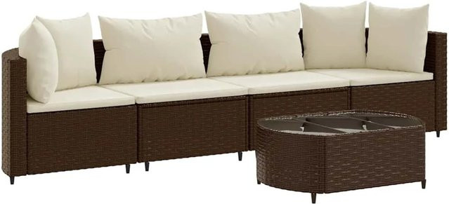 vidaXL 5-tlg Garten-Sofagarnitur in L-Form aus braunem Poly-Rattan mit Kissen und Couchtisch - Bild 1