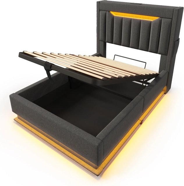 okwish Polsterbett Grau mit LED, Stauraum und USB-Anschluss, B/T/H: 90 x 200 x 45,5 cm - Bild 1