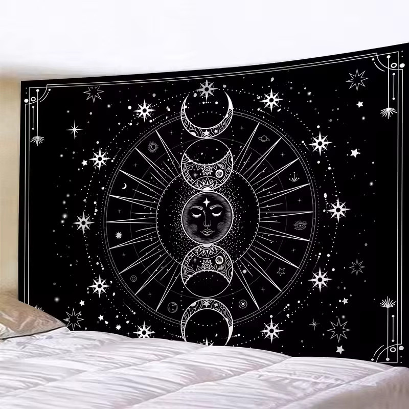 VIKAMA Wandteppich im Boho-Stil mit Sonnenpilz und Sternenmuster, schwarzer Kunstteppich für Wohnzimmer und Schlafzimmer, Breite: 75 cm, Höhe: 58 cm - Bild 2