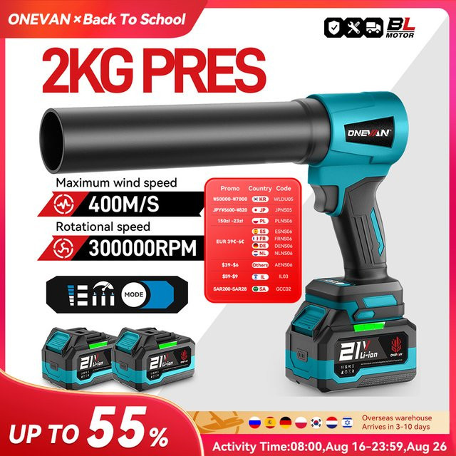 ONEVAN Elektrischer Turbo Blower Jet Fan 4000W mit 300000 RPM und 400 M/S für Makita 18V Akkus, Blau - Bild 1
