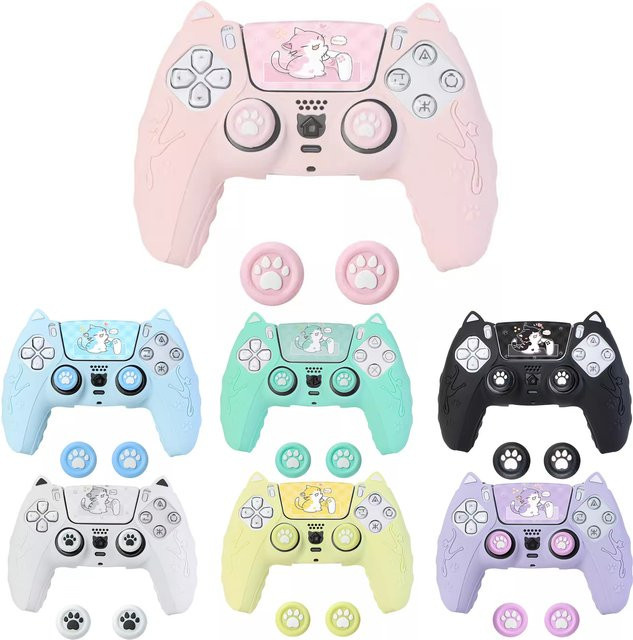 Sony Dualsense 5 PS5 Controller Schutzhülle mit Katze Motiv und Silikon Thumb-Stick Grip Caps in Lila - Bild 1