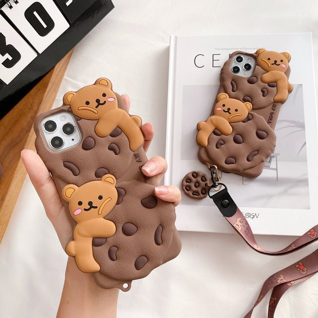 Handyhülle mit 3D Bär und Schokoladen-Cookie Design für iPhone 15 14 13 12 11 Pro Max XS X XR, weiche Silikonhülle mit Lanyard Seil, Farbe: Braun - Bild 1