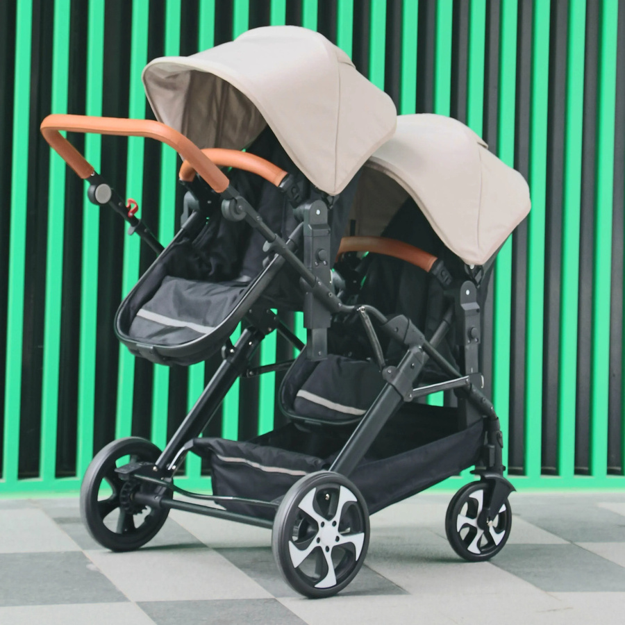 Warm house 3-in-1 Zwillings-Kinderwagen mit Autositz für zwei Kinder, faltbar und stoßdämpfend, Beige - Bild 3