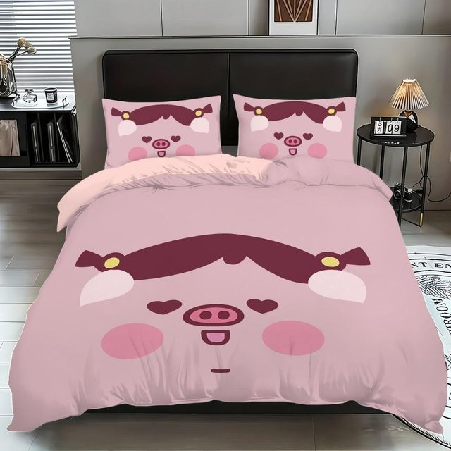 Bettwäscheset Cartoon Schwein mit Kissenbezug von Binchi Fitness in Pink, Material Mikrofaser Polyester, Breite: 90 cm, Länge: 200 cm - Bild 1