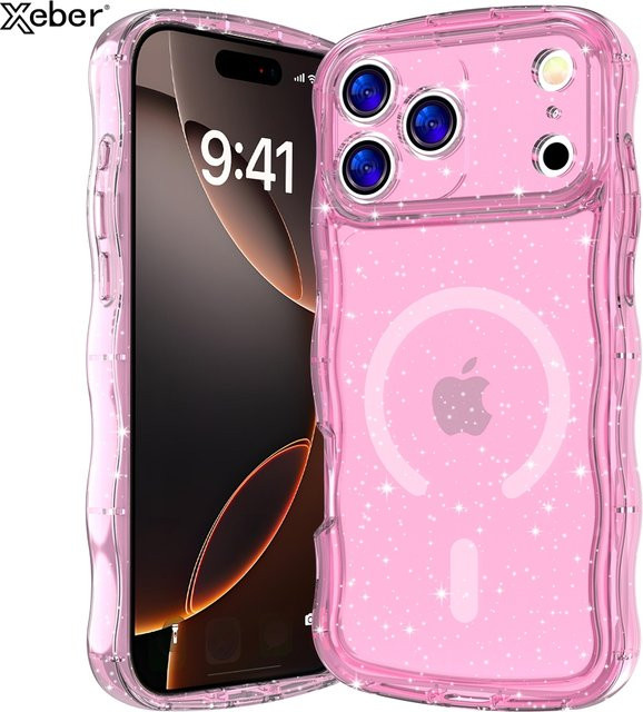 Xeber Bling-Glitzer-Magnethülle für iPhone 17, 16, 15 Pro Max Plus, stoßfest und weich, Farbe: Transparent/Pink - Bild 1
