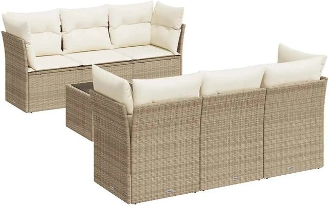 vidaXL 7-teilige Garten-Sofagarnitur aus Poly-Rattan mit Kissen in Beige und Cremeweiß - Bild 1